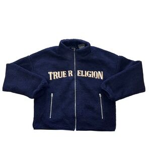 True Religion Mens TR Logo Sherpa Jacket Eclipse Navy Blue Fleece 110299 Size L‎